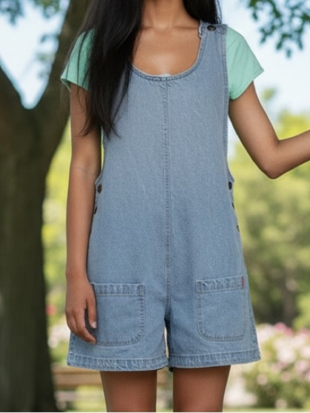 eSprit VTG Denim Romper Overalls Jumper Shorts -Metal Stamped Buttons &2 Pockets